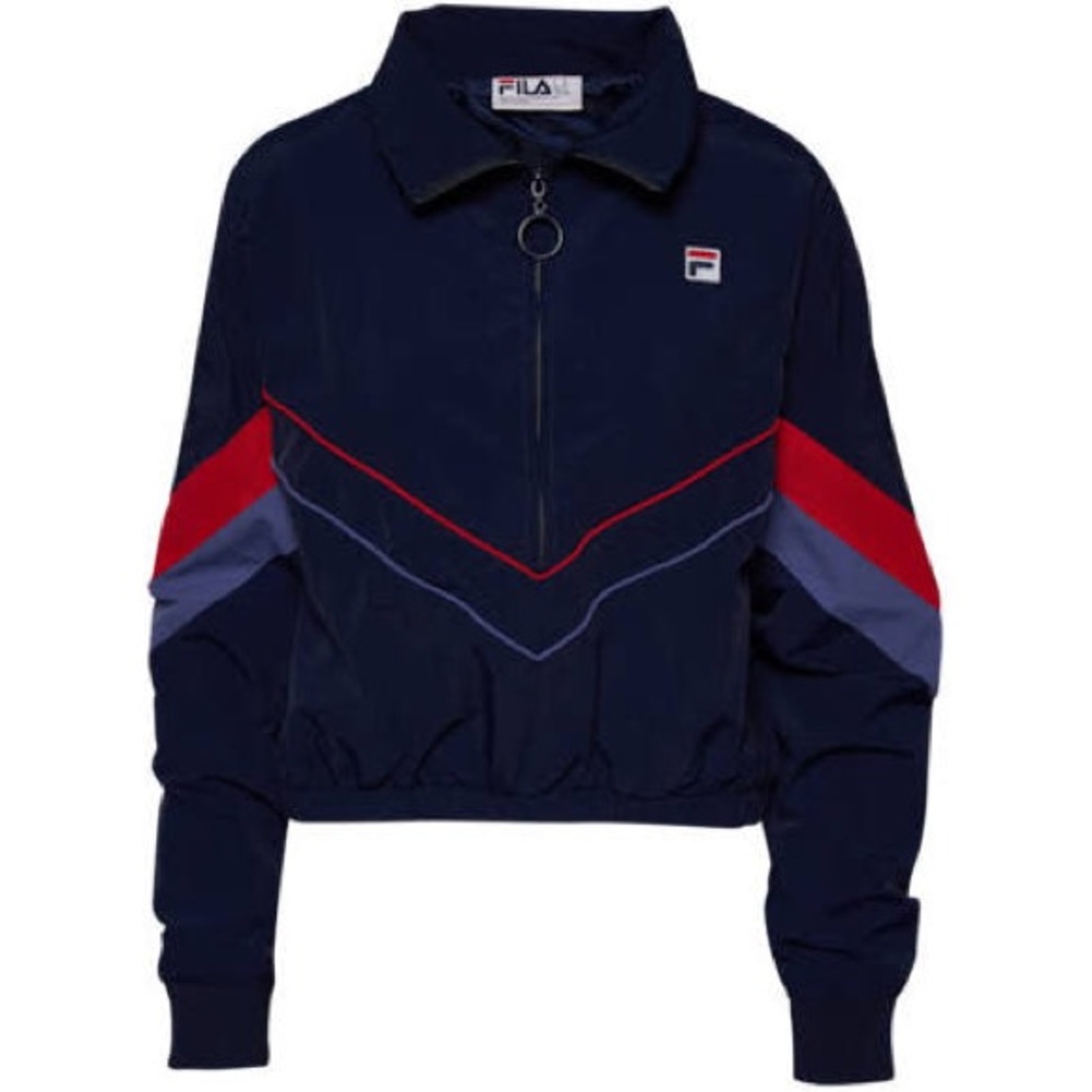 Vintage Fila Navy Blue Cropped Track Jacket with Red and Purple Chevron Accents